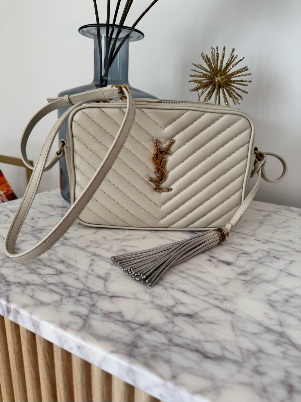Saint Laurent Small Quilted Leather Lou Camera Bag in Cream with Tassel -